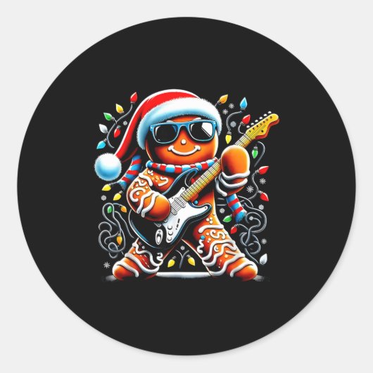 Sticker Rond Rock Star Gingerbread Christmas Guitar Lights Men  (Devant)