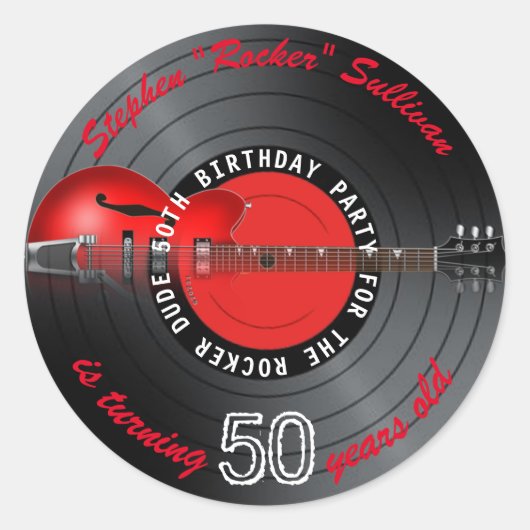 Sticker Rond Rocker Dude Guitar Record 50e fête d'anniversaire (Devant)