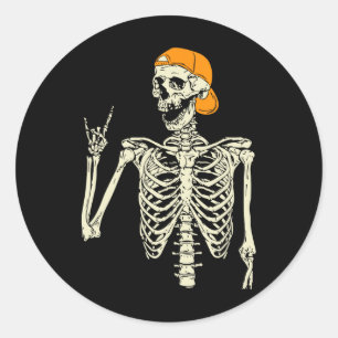 Sticker Rond Rocker Skeleton Casquette Skin Cool Halloween Punk