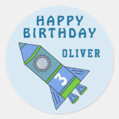 Sticker Rond Rocket Ship Blue Kids Boy Joyeux anniversaire (Devant)