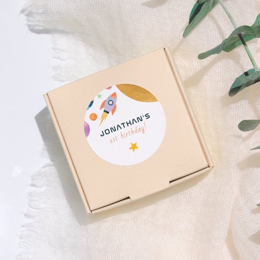 Sticker Rond Rocket Ship Trip Around The Sun Space Boy Birthday