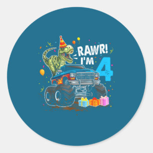 Sticker Rond Roh je suis 4 Joyeux Anniversaire 4 ans T Rex Dino