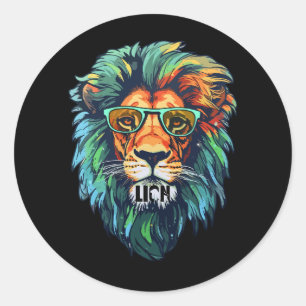 Sticker Rond Roi Cool - Lion Coloré avec Lunettes de Soleil Des