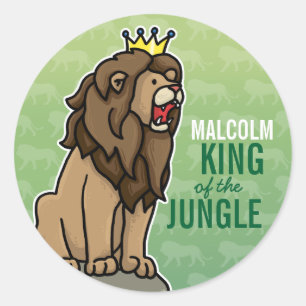 Sticker Rond Roi Lion de la Jungle, Ajouter le nom de l'enfant