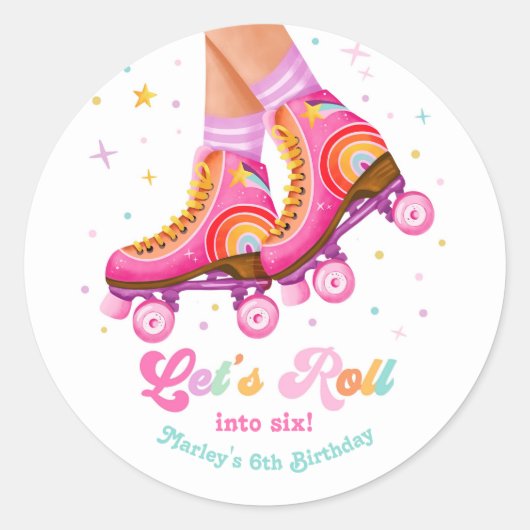 Sticker Rond Roller Skate Let's Roll Skating Girl Birthday (Devant)