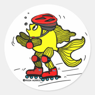 Sticker Rond Rollerblade Fish drôle Caricature de patinage