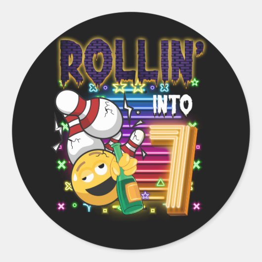 Sticker Rond Rollin en 7 Bowling Anniversaire fête 7e Anniversa (Devant)
