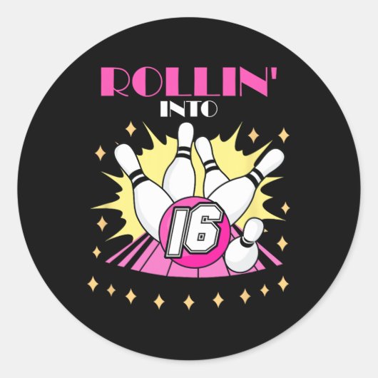 Sticker Rond Rollin In 16 Bowling Anniversaire Party 16. Garçon (Devant)