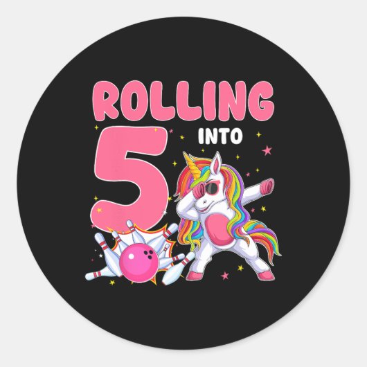 Sticker Rond Rolling In 5 5th Birthday Unicorn Bowling 5 Year (Devant)