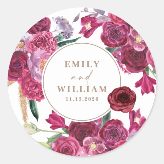 Sticker Rond Romantic Burgundy  Floral Wedding couple names (Devant)
