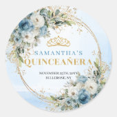 Sticker Rond Romantic Pale Blue Gold Eucalyptus 15th Birthday  (Devant)