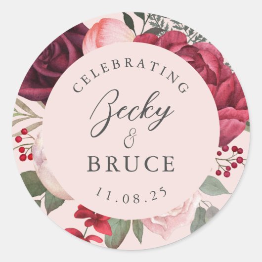 Sticker Rond Romantic Pink Bridal Bouquet Bride & Groom Names (Devant)
