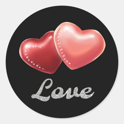 Sticker Rond Romantic Sparkling Red Hearts "Love" Glitter Desig (Devant)