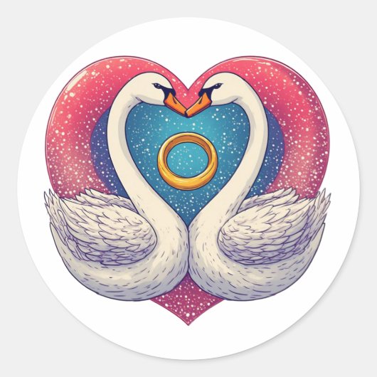 Sticker Rond Romantic Swans with Heart Shape, Wedding Ring (Devant)