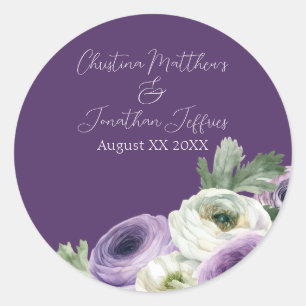 Sticker Rond Romantic Watercolor Ranunculus on Dark Purple