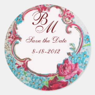 Sticker Rond ROMANTICA MONOGRAM, Enregistrer la date, blanc