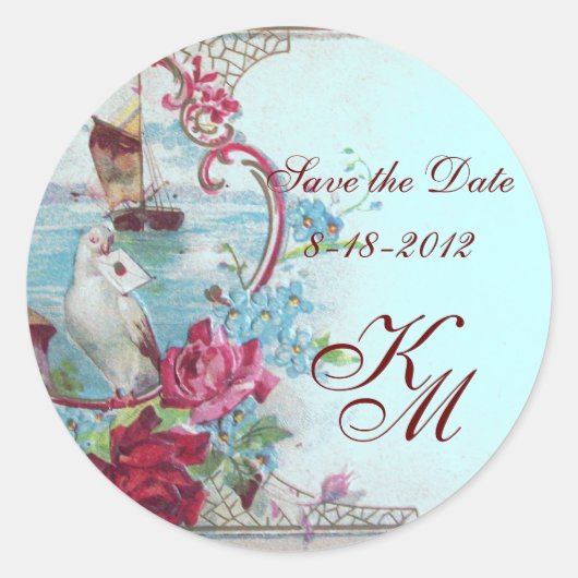 Sticker Rond ROMANTICA MONOGRAM, Enregistrer la date, bleu (Devant)