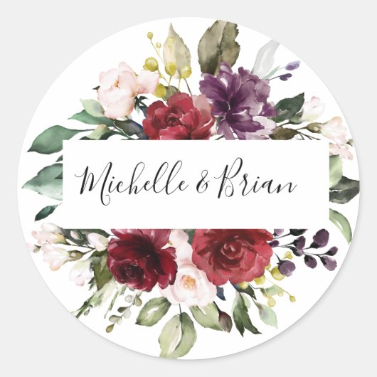 Sticker Rond Romantique aquarelle rose floral rouge bordeaux (Devant)