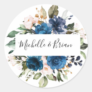 Sticker Rond Romantique aquarelle rose florale bleu marine et r