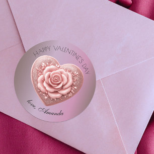 Sticker Rond Romantique Élégant Cœur Rose Métallisé Saint-Valen