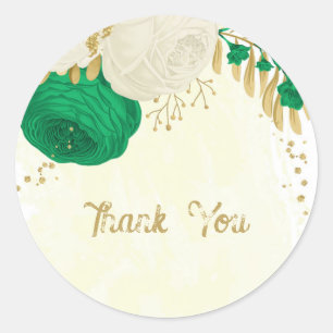 Sticker Rond Romantique émeraude vert & blanc fleurs mariage