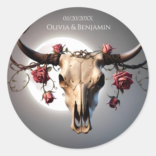 Sticker Rond Romantique Médiéval Mariage crâne de vache florale (Devant)