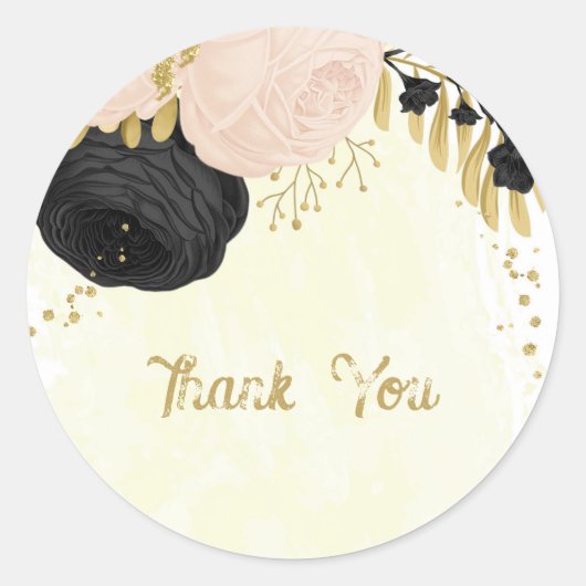 Sticker Rond Romantique noir & rose fleurs or mariage (Devant)