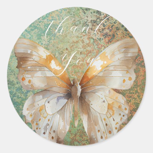 Sticker Rond Romantique papillon vert et orange merci (Devant)