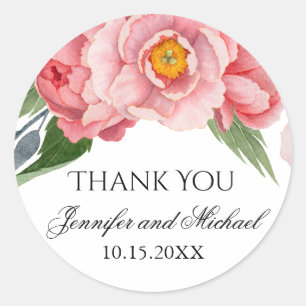 Sticker Rond Romantique Peonies rose Mariage Merci