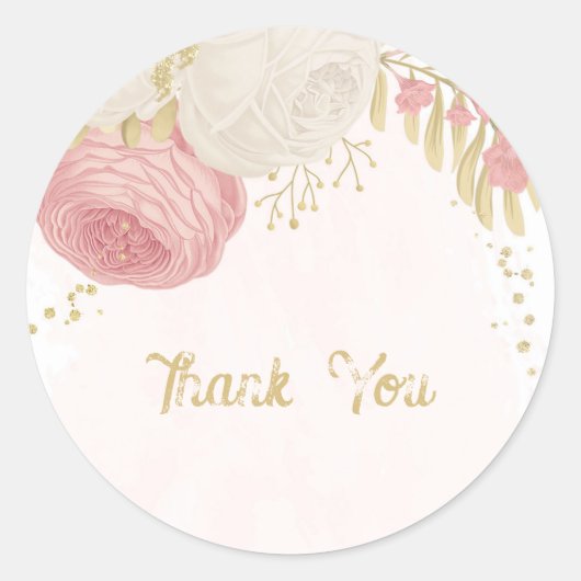 Sticker Rond Romantique rose & fleurs blanches or mariage (Devant)