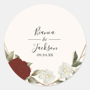 Sticker Rond Romantique Rose rouge profond Floral Mariage d'hiv