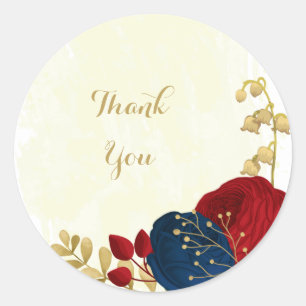 Sticker Rond Romantique rouge foncé & bleu marine fleurs or mar