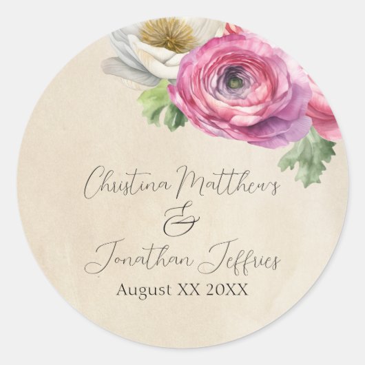 Sticker Rond Romantique Rustique rose & blanc Ranunculus (Devant)