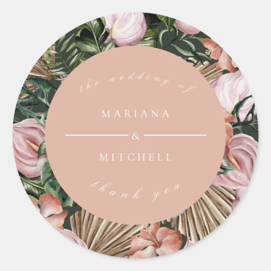 Sticker Rond Romantique Tropical Floral Pink Green pêche (Devant)