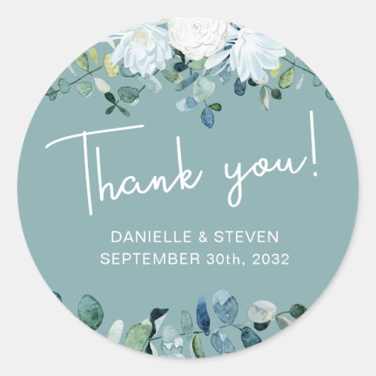 Sticker Rond Romantique vert eucalyptus noms & date mariage (Devant)