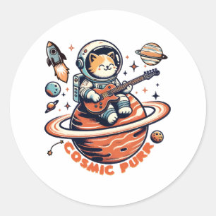 Sticker Rond Ronron cosmique - Chat guitariste astro