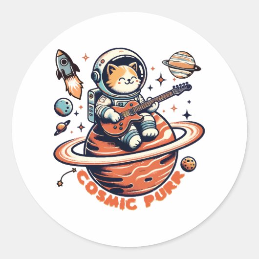 Sticker Rond Ronron cosmique - Chat guitariste astro (Devant)