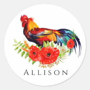 Sticker Rond Rooster avec des pavots Personnalisé