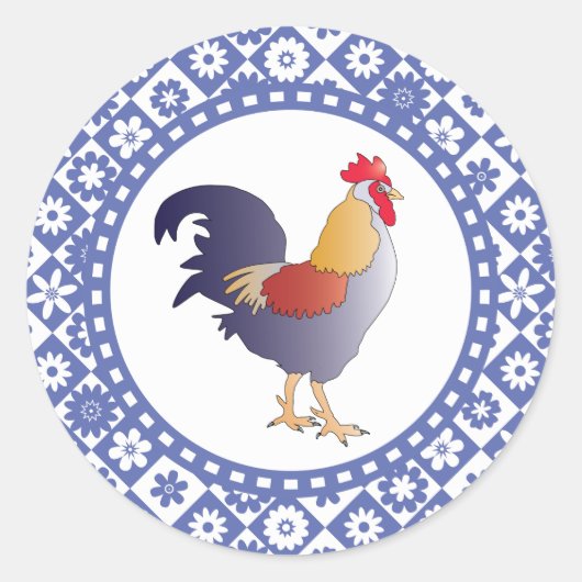 Sticker Rond Rooster et Fleurs français bleu et blanc rétro (Devant)