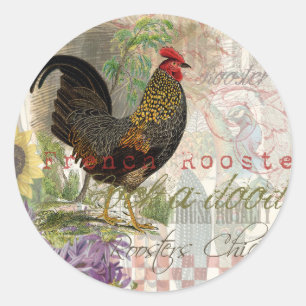 Sticker Rond Rooster vintage Français Collage Ferme Animaux dom