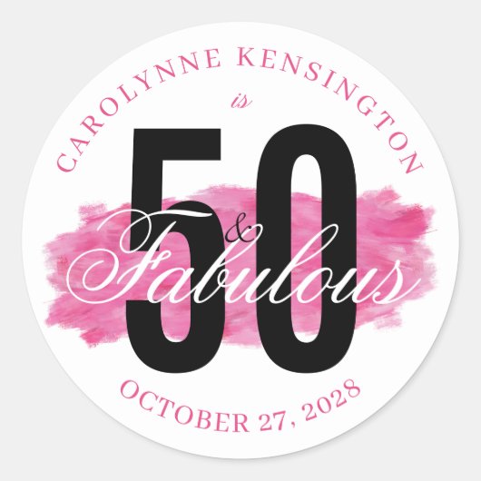 Sticker Rond Rose 50 et Fabulous Aquarelle Anniversaire (Devant)