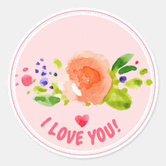 Sticker Rond Rose aquarelle Je vous aime expression