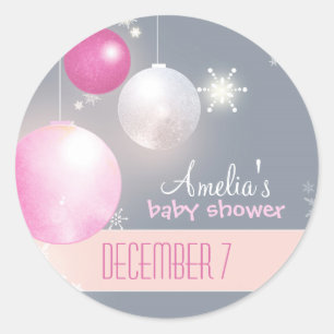 Sticker Rond Rose Argent gris hiver bébé fille douche