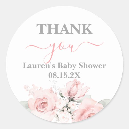 Sticker rond rose Baby shower floral fille classiq (Devant)