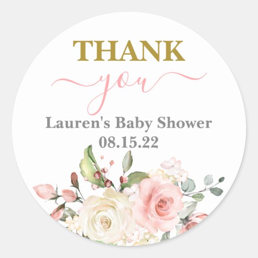 Sticker rond rose Baby shower floral fille classiq (Devant)