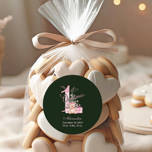 Sticker Rond Rose Bébé Vert Premier Noël