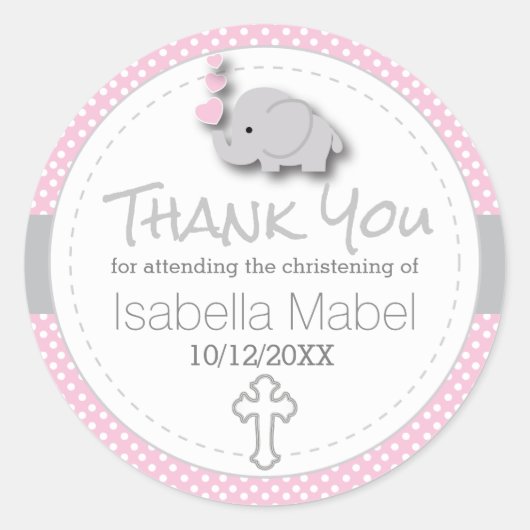 Sticker Rond Rose, Blanc Grey 🐘 Eléphant Bébé Christening (Devant)