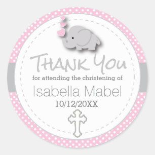 Sticker Rond Rose, Blanc Grey 🐘 Eléphant Bébé Christening