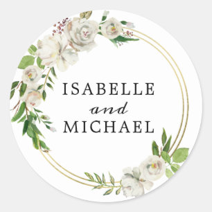 Sticker Rond Rose blanche antique Floral et Mariage or