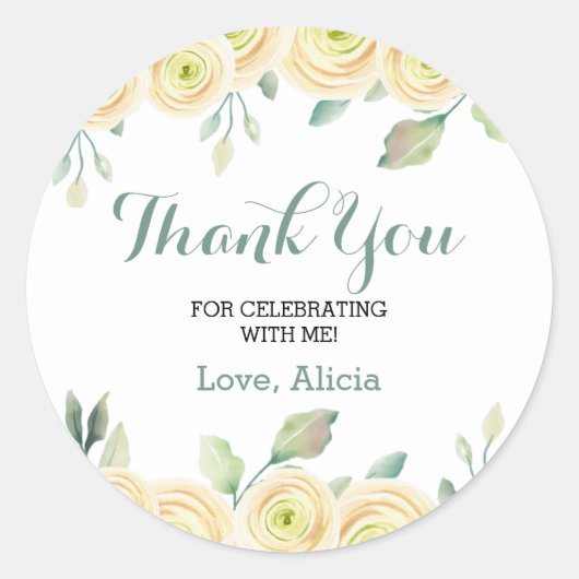 Sticker Rond Rose blanche Eucalyptus Flora Merci d'anniversaire (Devant)